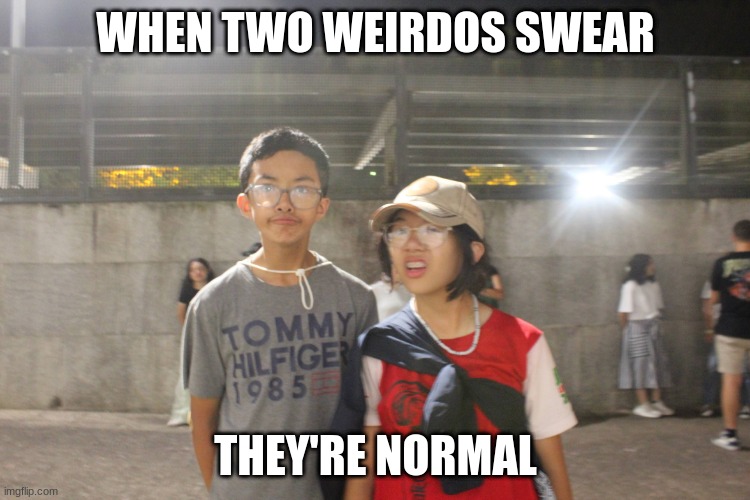 when two weirdos swear they're normal | WHEN TWO WEIRDOS SWEAR; THEY'RE NORMAL | image tagged in when two weirdos swear they're normal | made w/ Imgflip meme maker