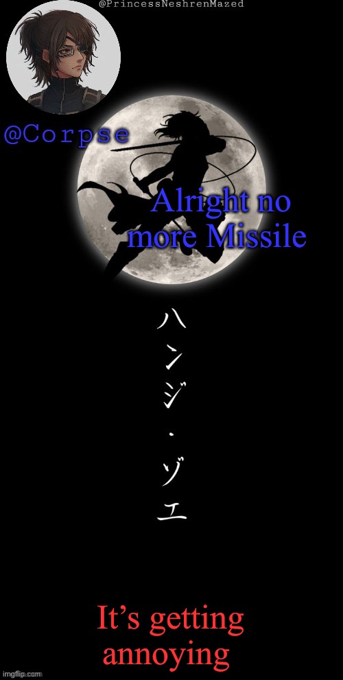Hange my beloved | Alright no more Missile; It’s getting annoying | image tagged in hange my beloved | made w/ Imgflip meme maker