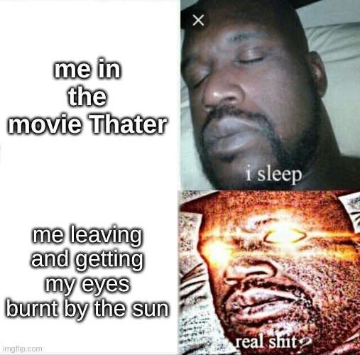 Sleeping Shaq | me in the movie Thater; me leaving and getting my eyes burnt by the sun | image tagged in memes,sleeping shaq | made w/ Imgflip meme maker