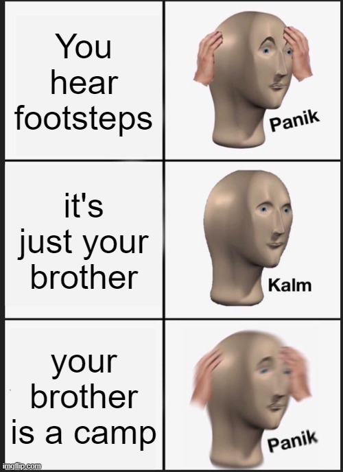 haunted | You hear footsteps; it's just your brother; your brother is a camp | image tagged in memes,panik kalm panik | made w/ Imgflip meme maker