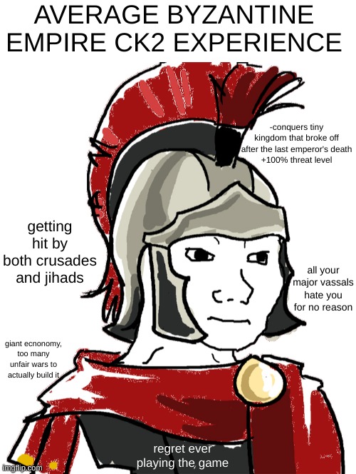 this stream needed a meme | AVERAGE BYZANTINE EMPIRE CK2 EXPERIENCE; -conquers tiny kingdom that broke off after the last emperor's death
+100% threat level; getting hit by both crusades and jihads; all your major vassals hate you for no reason; giant ecnonomy, too many unfair wars to actually build it; regret ever playing the game | image tagged in blank white template,legionnaire | made w/ Imgflip meme maker