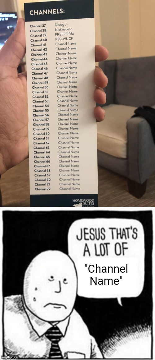 Channel Name | "Channel Name" | image tagged in jesus that's a lot of,channels,channel,name,you had one job,memes | made w/ Imgflip meme maker