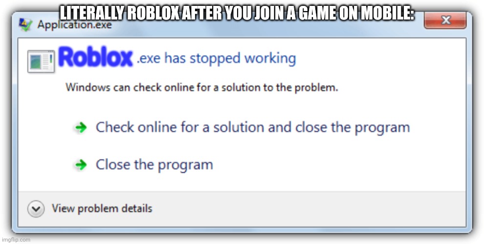 It's just so annoying (This only shows on amazon fire) | LITERALLY ROBLOX AFTER YOU JOIN A GAME ON MOBILE:; Roblox | image tagged in exe has stopped working,roblox be like | made w/ Imgflip meme maker