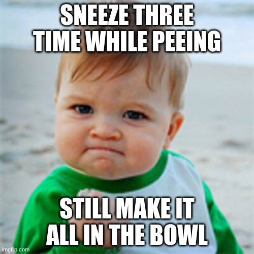 Fist Pump baby | SNEEZE THREE TIME WHILE PEEING; STILL MAKE IT ALL IN THE BOWL | image tagged in fist pump baby | made w/ Imgflip meme maker