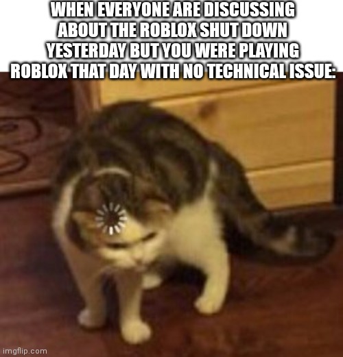 Loading cat | WHEN EVERYONE ARE DISCUSSING ABOUT THE ROBLOX SHUT DOWN YESTERDAY BUT YOU WERE PLAYING ROBLOX THAT DAY WITH NO TECHNICAL ISSUE: | image tagged in loading cat,confused,unfunny | made w/ Imgflip meme maker