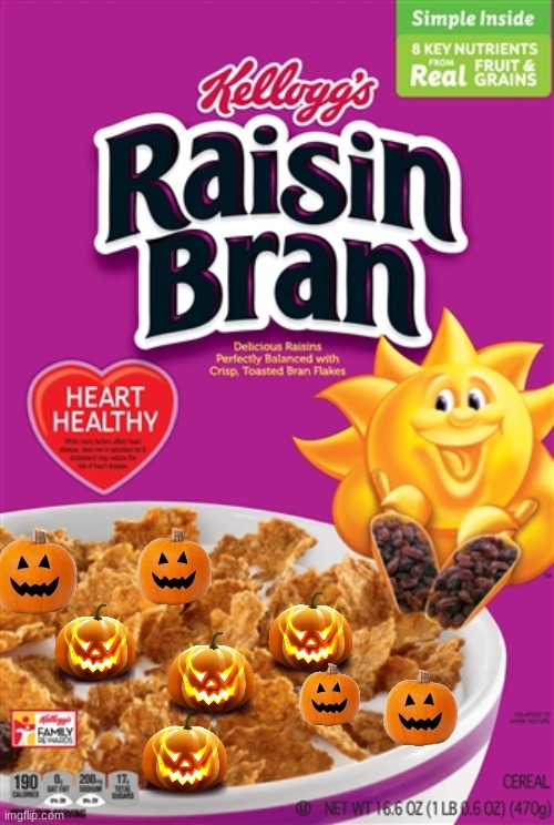 raisin bran with pumpkins | image tagged in raisin bran,pumpkin,kellogg's,fake,cereal | made w/ Imgflip meme maker