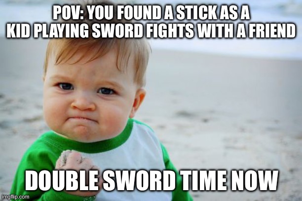 So true | POV: YOU FOUND A STICK AS A KID PLAYING SWORD FIGHTS WITH A FRIEND; DOUBLE SWORD TIME NOW | image tagged in memes,success kid original | made w/ Imgflip meme maker