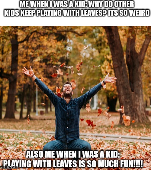 ME WHEN I WAS A KID: WHY DO OTHER KIDS KEEP PLAYING WITH LEAVES? ITS SO WEIRD; ALSO ME WHEN I WAS A KID: PLAYING WITH LEAVES IS SO MUCH FUN!!!! | image tagged in meme,memes,relatable,relatable memes,kids,leaves | made w/ Imgflip meme maker