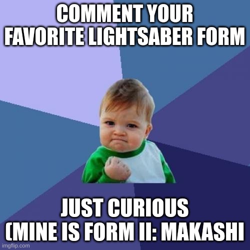 If you don't know that's fine. Just say character | COMMENT YOUR FAVORITE LIGHTSABER FORM; JUST CURIOUS
(MINE IS FORM II: MAKASHI | image tagged in memes,success kid,star wars,jedi,lightsaber | made w/ Imgflip meme maker