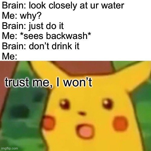 You’ve done it | Brain: look closely at ur water
Me: why?
Brain: just do it
Me: *sees backwash*
Brain: don’t drink it
Me:; trust me, I won’t | image tagged in memes,surprised pikachu | made w/ Imgflip meme maker