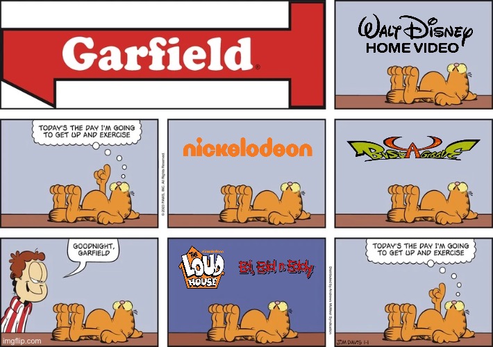 Garfield Sees Various Logos | image tagged in 2023 garfield comic strips wiki fandom,nickelodeon,disney,the loud house,playstation,video games | made w/ Imgflip meme maker