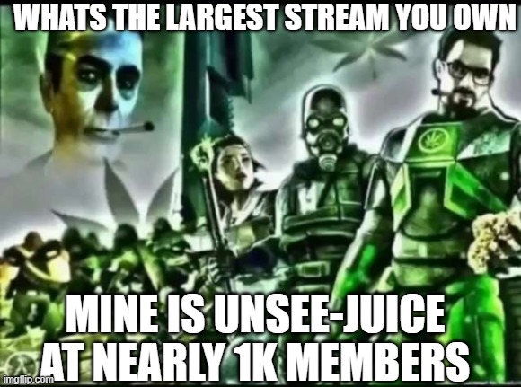 weed life 2 | WHATS THE LARGEST STREAM YOU OWN; MINE IS UNSEE-JUICE AT NEARLY 1K MEMBERS | image tagged in weed life 2 | made w/ Imgflip meme maker