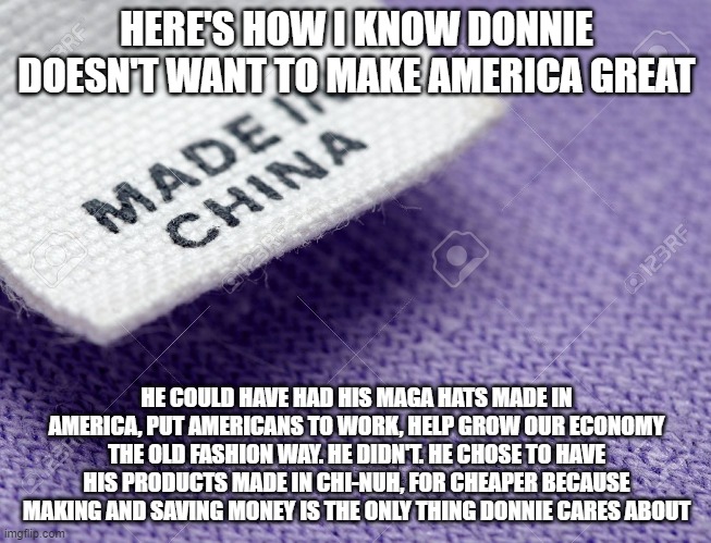 Made in China Label | HERE'S HOW I KNOW DONNIE DOESN'T WANT TO MAKE AMERICA GREAT; HE COULD HAVE HAD HIS MAGA HATS MADE IN AMERICA, PUT AMERICANS TO WORK, HELP GROW OUR ECONOMY THE OLD FASHION WAY. HE DIDN'T. HE CHOSE TO HAVE HIS PRODUCTS MADE IN CHI-NUH, FOR CHEAPER BECAUSE MAKING AND SAVING MONEY IS THE ONLY THING DONNIE CARES ABOUT | image tagged in made in china label | made w/ Imgflip meme maker