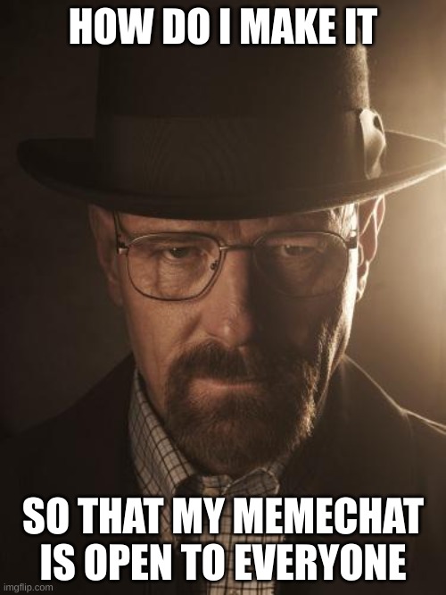 Walter White | HOW DO I MAKE IT; SO THAT MY MEMECHAT IS OPEN TO EVERYONE | image tagged in walter white | made w/ Imgflip meme maker