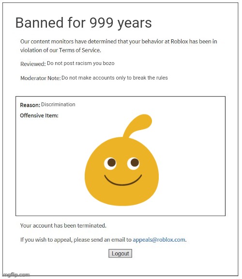 Roblox moderation be like: | Banned for 999 years; Do not post racism you bozo; Do not make accounts only to break the rules; Discrimination | image tagged in moderation system,funny | made w/ Imgflip meme maker