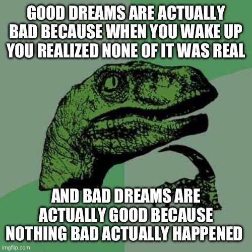 Philosoraptor | GOOD DREAMS ARE ACTUALLY BAD BECAUSE WHEN YOU WAKE UP YOU REALIZED NONE OF IT WAS REAL; AND BAD DREAMS ARE ACTUALLY GOOD BECAUSE NOTHING BAD ACTUALLY HAPPENED | image tagged in memes,philosoraptor | made w/ Imgflip meme maker