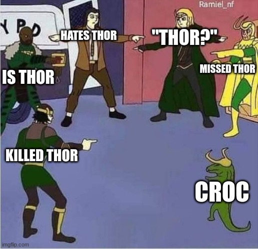 lots of lokis means lots of thors | "THOR?"; HATES THOR; MISSED THOR; IS THOR; KILLED THOR; CROC | image tagged in lokis pointing | made w/ Imgflip meme maker