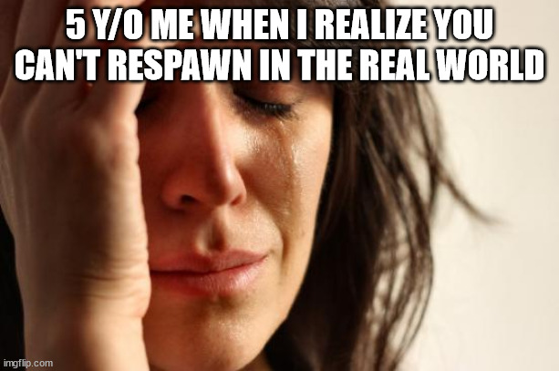 I watched way to much videogames when I was a kid | 5 Y/O ME WHEN I REALIZE YOU CAN'T RESPAWN IN THE REAL WORLD | image tagged in memes,first world problems | made w/ Imgflip meme maker