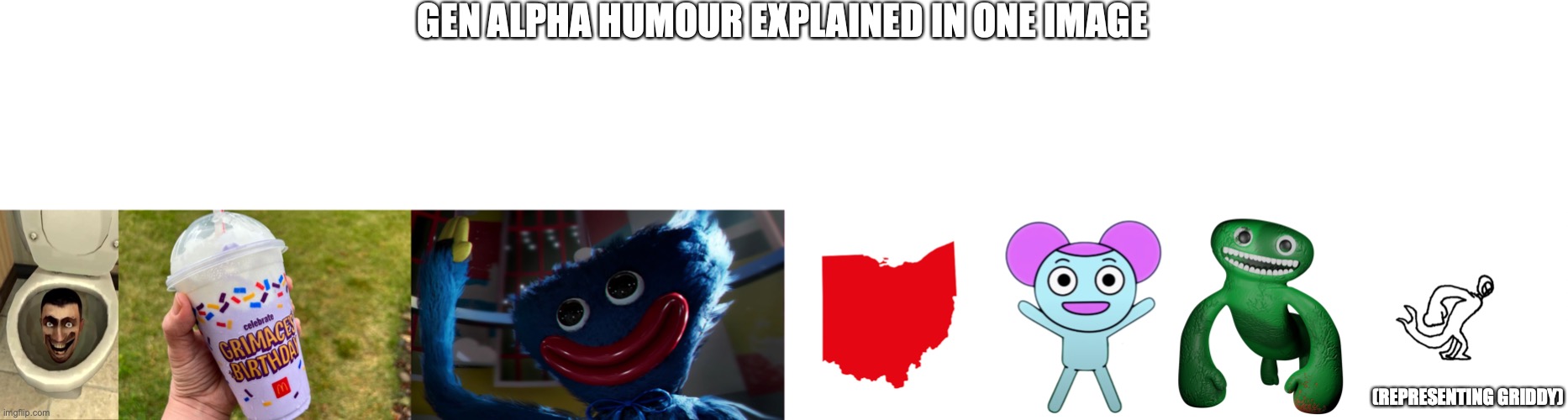 GEN ALPHA HUMOUR EXPLAINED IN ONE IMAGE; (REPRESENTING GRIDDY) | image tagged in skibidi toilet,grimace shake,huggy wuggy,ohio meme,pibby,jumbo josh brah | made w/ Imgflip meme maker