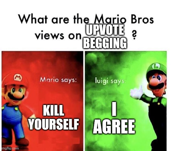 Mario Bros Views | KILL YOURSELF I AGREE UPVOTE BEGGING | image tagged in mario bros views | made w/ Imgflip meme maker
