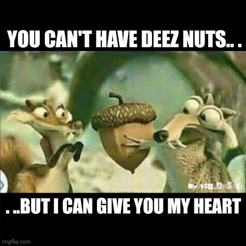 Hanging Out Together | YOU CAN'T HAVE DEEZ NUTS.. . . ..BUT I CAN GIVE YOU MY HEART | image tagged in hold this,deez nuts,i love you,randyzee_approved,ice age,squirrel nuts | made w/ Imgflip meme maker