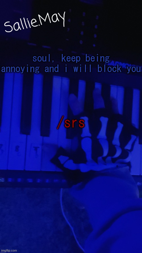 Sallie's temp by hannibal | soul, keep being annoying and i will block you; /srs | image tagged in sallie's temp by hannibal | made w/ Imgflip meme maker