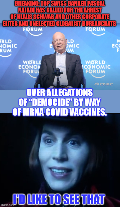 Just say NO to the NWO | BREAKING: TOP SWISS BANKER PASCAL NAJADI HAS CALLED FOR THE ARREST OF KLAUS SCHWAB AND OTHER CORPORATE ELITES AND UNELECTED GLOBALIST BUREAUCRATS; OVER ALLEGATIONS OF “DEMOCIDE” BY WAY OF MRNA COVID VACCINES. I'D LIKE TO SEE THAT | image tagged in klaus schwab,i can see that,arrest,real,criminals | made w/ Imgflip meme maker