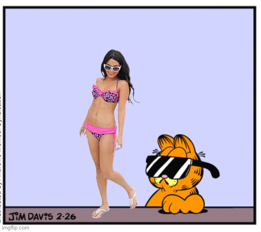 Garfield is in Love with Vanessa Hudgens | image tagged in garfield deal with it,sexy girl,sexy,bikini,girl,beach | made w/ Imgflip meme maker