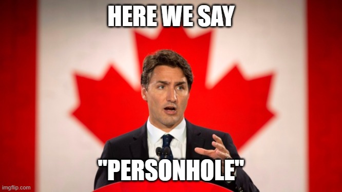 Justin Trudeau | HERE WE SAY "PERSONHOLE" | image tagged in justin trudeau | made w/ Imgflip meme maker