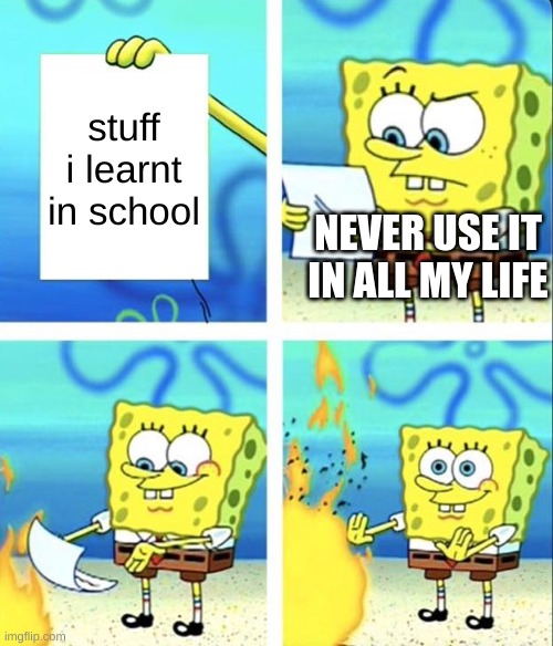 Spongebob yeet | stuff i learnt in school; NEVER USE IT IN ALL MY LIFE | image tagged in spongebob yeet | made w/ Imgflip meme maker