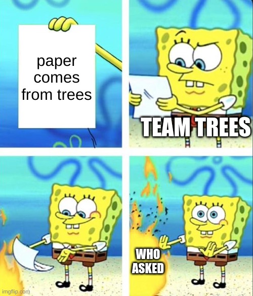 Spongebob yeet | paper comes from trees; TEAM TREES; WHO ASKED | image tagged in spongebob yeet | made w/ Imgflip meme maker