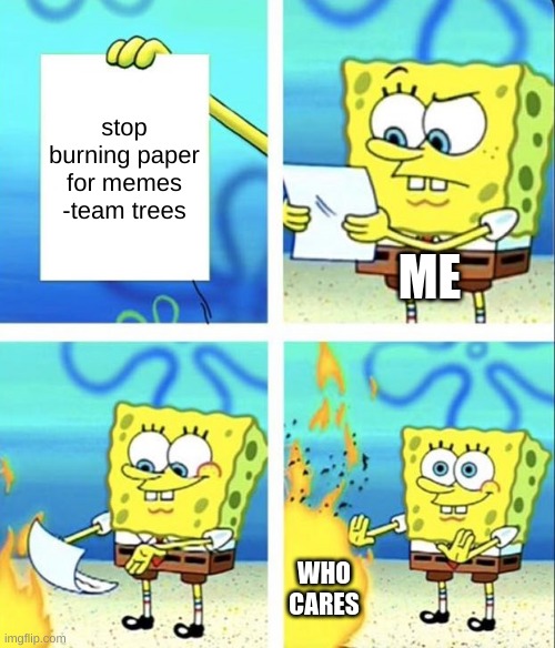 Spongebob yeet | stop burning paper for memes
-team trees; ME; WHO CARES | image tagged in spongebob yeet | made w/ Imgflip meme maker