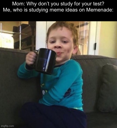(I SWEAR TO GOD that kid isn’t me) | Mom: Why don’t you study for your test?

Me, who is studying meme ideas on Memenade: | image tagged in smug kid with coffee cup on couch | made w/ Imgflip meme maker