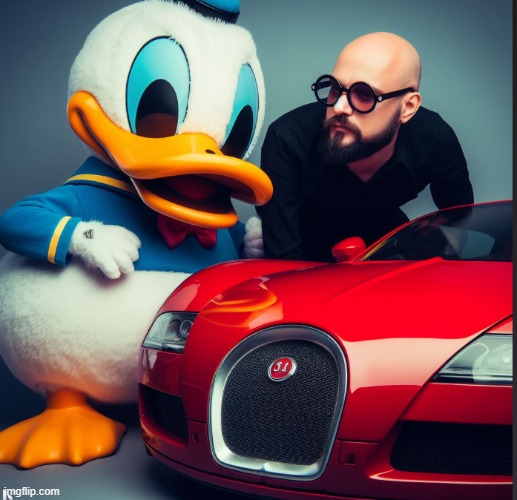 Andrew Tate with Donald Duck | image tagged in andrew tate,top g,donald duck,bugatti,ai,dalee2 | made w/ Imgflip meme maker