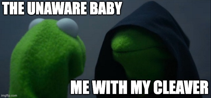 Mr. Baby 2 | THE UNAWARE BABY; ME WITH MY CLEAVER | image tagged in memes,evil kermit,kermit the frog,baby,dark humor,funny | made w/ Imgflip meme maker