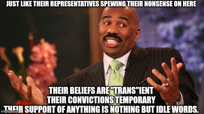 Steve Harvey Meme | JUST LIKE THEIR REPRESENTATIVES SPEWING THEIR NONSENSE ON HERE THEIR BELIEFS ARE "TRANS"IENT

THEIR CONVICTIONS TEMPORARY

THEIR SUPPORT OF  | image tagged in memes,steve harvey | made w/ Imgflip meme maker