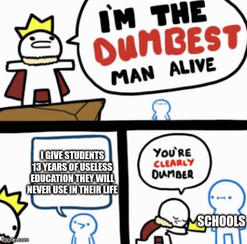 Dumbest man alive | I GIVE STUDENTS 13 YEARS OF USELESS EDUCATION THEY WILL NEVER USE IN THEIR LIFE; SCHOOLS | image tagged in dumbest man alive,qwertyuiop | made w/ Imgflip meme maker