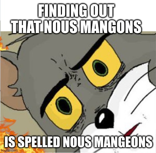 Usettled Tom 2.0 | FINDING OUT THAT NOUS MANGONS; IS SPELLED NOUS MANGEONS | image tagged in usettled tom 2 0 | made w/ Imgflip meme maker