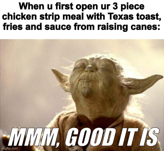 Raising canes | When u first open ur 3 piece chicken strip meal with Texas toast, fries and sauce from raising canes:; MMM, GOOD IT IS | image tagged in yoda smell | made w/ Imgflip meme maker