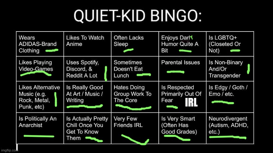 Quiet Kid Bingo | IRL | image tagged in quiet kid bingo | made w/ Imgflip meme maker