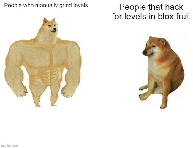 Buff Doge vs. Cheems Meme | People who manually grind levels; People that hack for levels in blox fruit | image tagged in memes,buff doge vs cheems | made w/ Imgflip meme maker