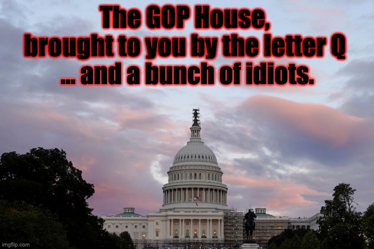 House of Idiots | The GOP House, 
brought to you by the letter Q; ... and a bunch of idiots. | image tagged in house,gop,idiots,q,wtf | made w/ Imgflip meme maker