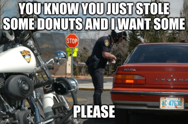 Police Pull Over | YOU KNOW YOU JUST STOLE SOME DONUTS AND I WANT SOME; PLEASE | image tagged in police pull over | made w/ Imgflip meme maker