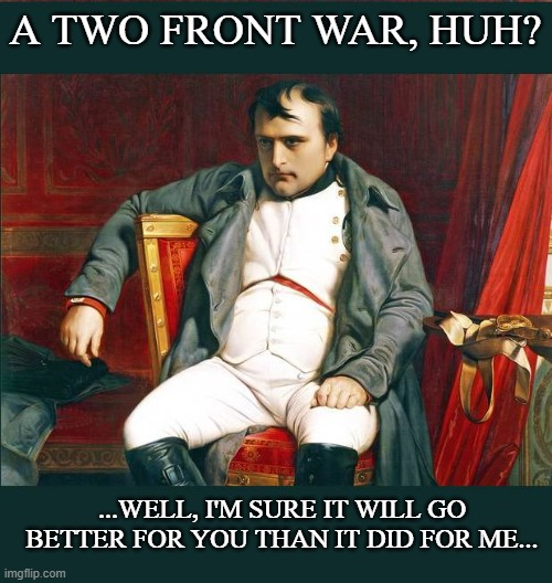 napoleon | A TWO FRONT WAR, HUH? ...WELL, I'M SURE IT WILL GO BETTER FOR YOU THAN IT DID FOR ME... | image tagged in napoleon | made w/ Imgflip meme maker