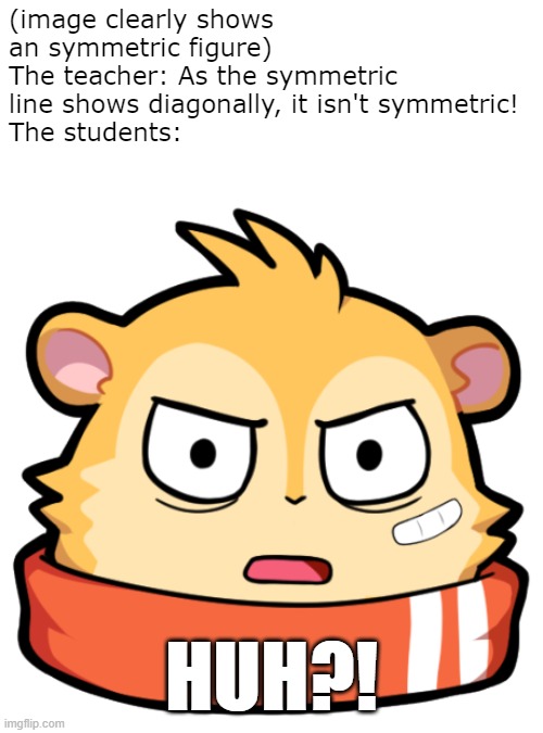 Maths | (image clearly shows an symmetric figure)
The teacher: As the symmetric line shows diagonally, it isn't symmetric!
The students:; HUH?! | image tagged in huh,memes,not really funny | made w/ Imgflip meme maker