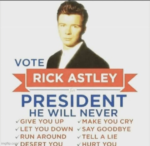Rick Astley 2024 | image tagged in vote rick astley for president | made w/ Imgflip meme maker
