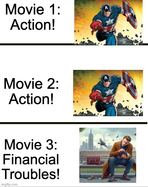 Movie Trilogies Be Like: | Movie 1:
Action! Movie 2:
Action! Movie 3:
Financial Troubles! | image tagged in blank white template | made w/ Imgflip meme maker