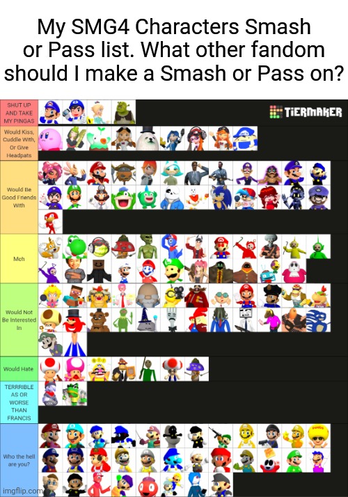 My SMG4 Characters Smash or Pass list. What other fandom should I make a Smash or Pass on? | image tagged in smg4,smash or pass | made w/ Imgflip meme maker