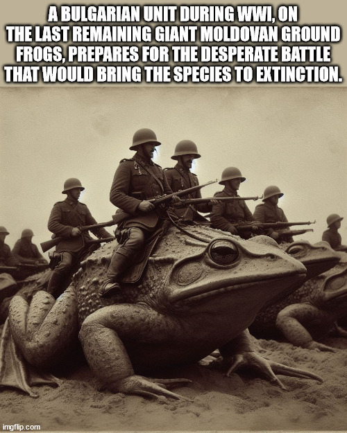 cool old photos | A BULGARIAN UNIT DURING WWI, ON THE LAST REMAINING GIANT MOLDOVAN GROUND FROGS, PREPARES FOR THE DESPERATE BATTLE THAT WOULD BRING THE SPECIES TO EXTINCTION. | image tagged in frog,photograph | made w/ Imgflip meme maker