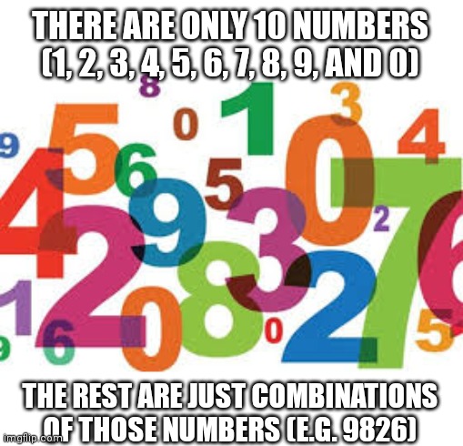 THERE ARE ONLY 10 NUMBERS (1, 2, 3, 4, 5, 6, 7, 8, 9, AND 0); THE REST ARE JUST COMBINATIONS OF THOSE NUMBERS (E.G. 9826) | made w/ Imgflip meme maker